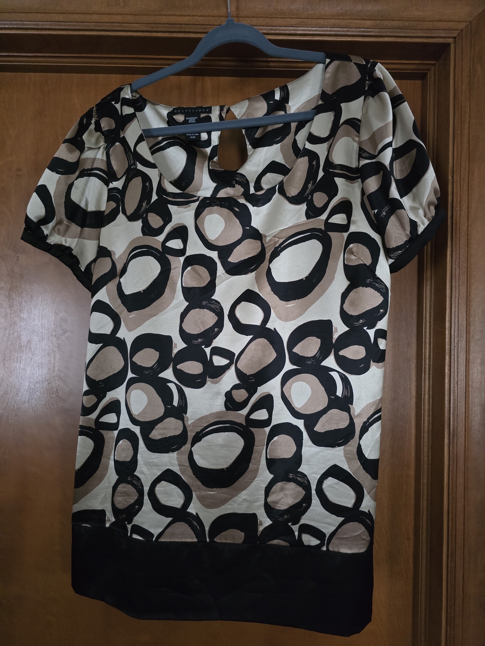 Apostrophe Beige and Black Short Sleeve Printed Blouse Silk Top